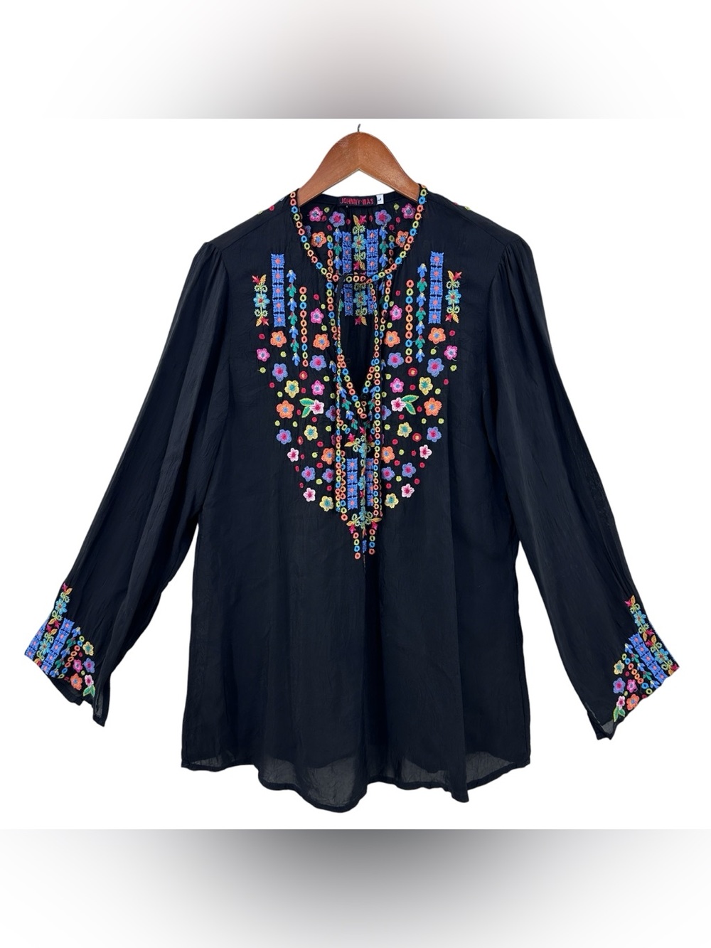 JOHNNY WAS Embroidered Tunic Top Blouse Sheer Black